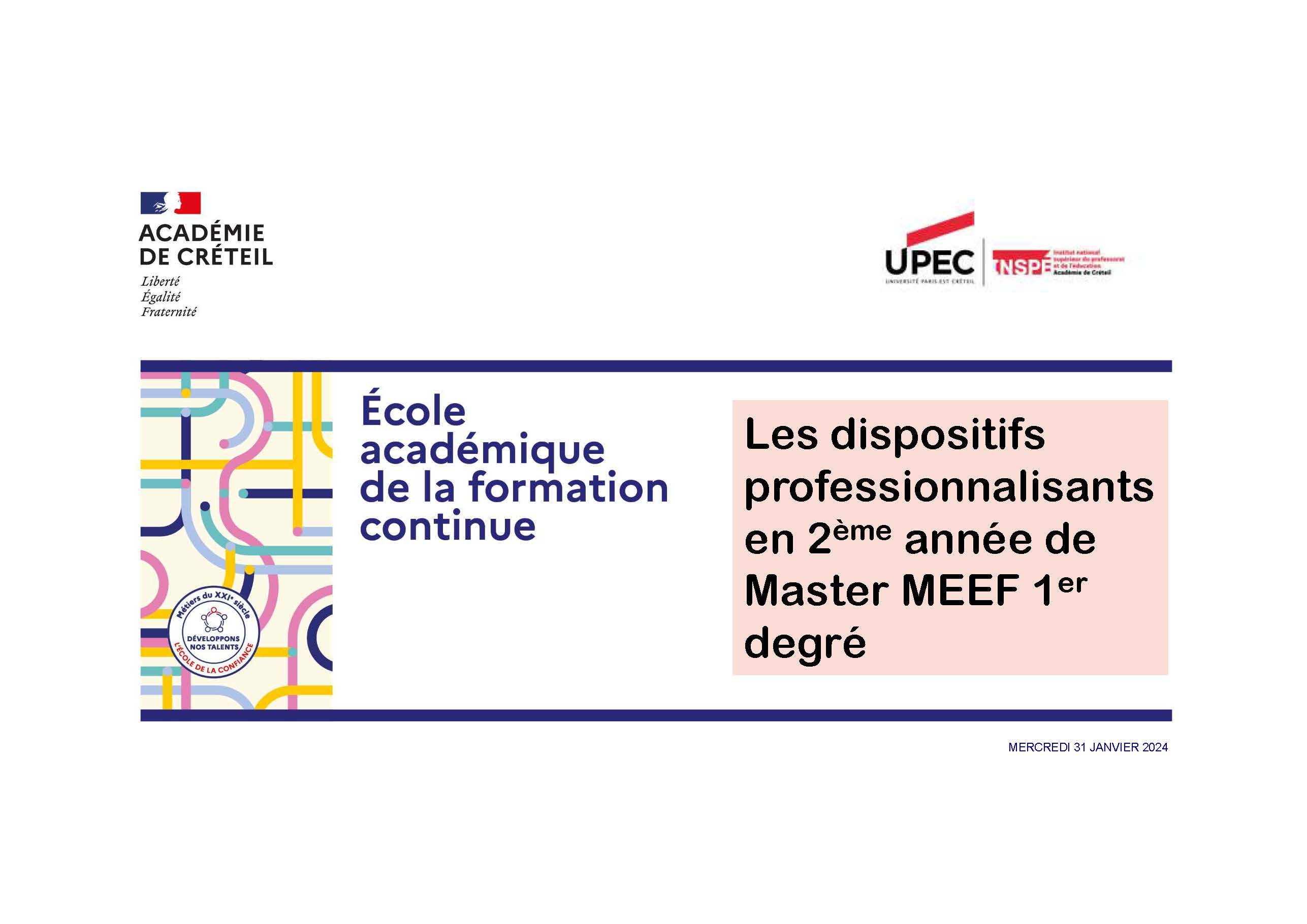 Diaporama de présentation des dispositifs professionnalisants  - M2 MEEF 1er degré - 31-01-2024
